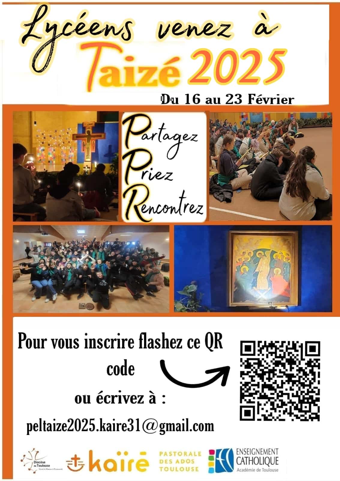 Affiche à destination des lycéens pour s'inscrire au prochain pèlerinage à Taizé, du 16 au 23 février 2025